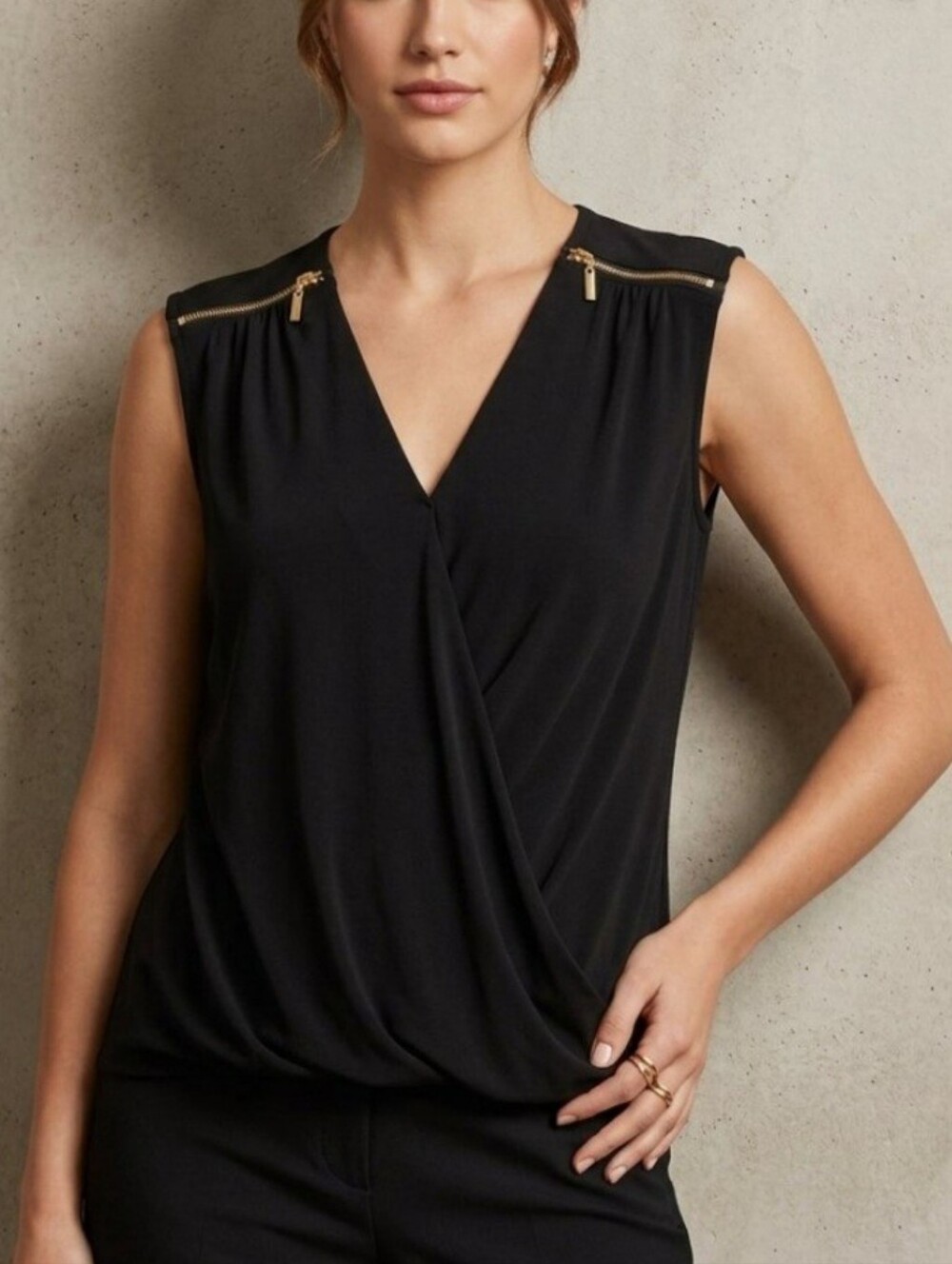 INC International Concepts Black Sleeveless V-Neck Top with Gold Zipper Accents